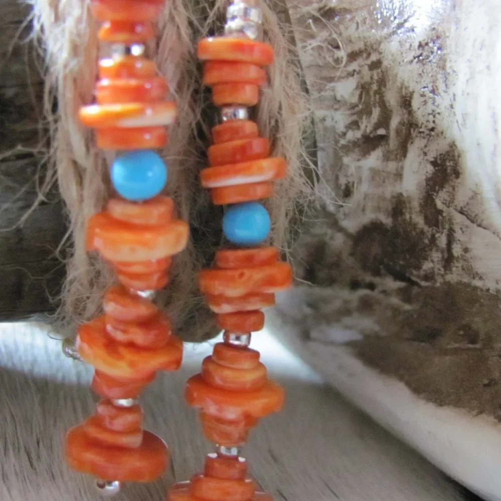 ZUNI HAND MADE SPINY OYSTER‎ & SLEEPING BEAUTY TURQUOISE EARRINGS